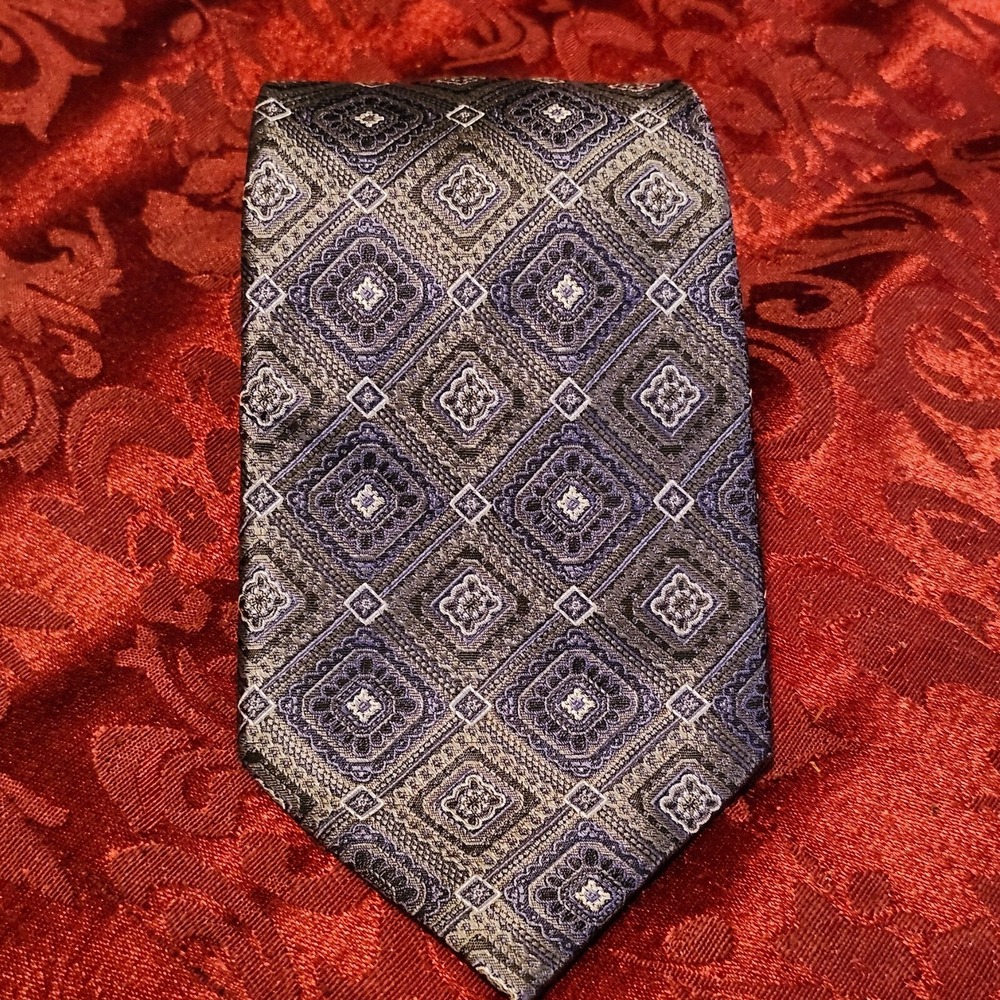 Burma Bibas Blue and Silver Geometric Pattern 100% Silk Tie